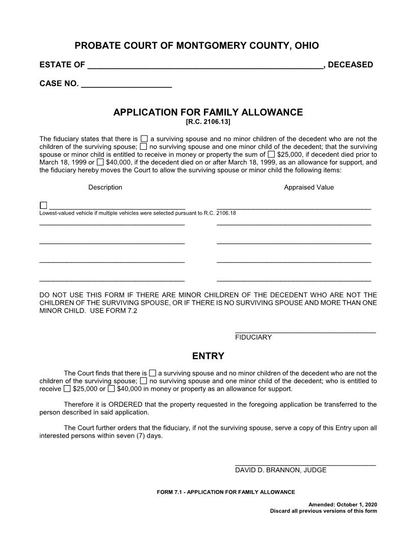 Application For Family Allowance [7.1} | Pdf Fpdf Doc Docx | Ohio